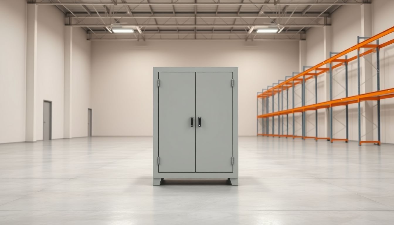 Sicherheitsschrank für Lithium-Ionen-Batterien in einer sauberen Lagerhalle