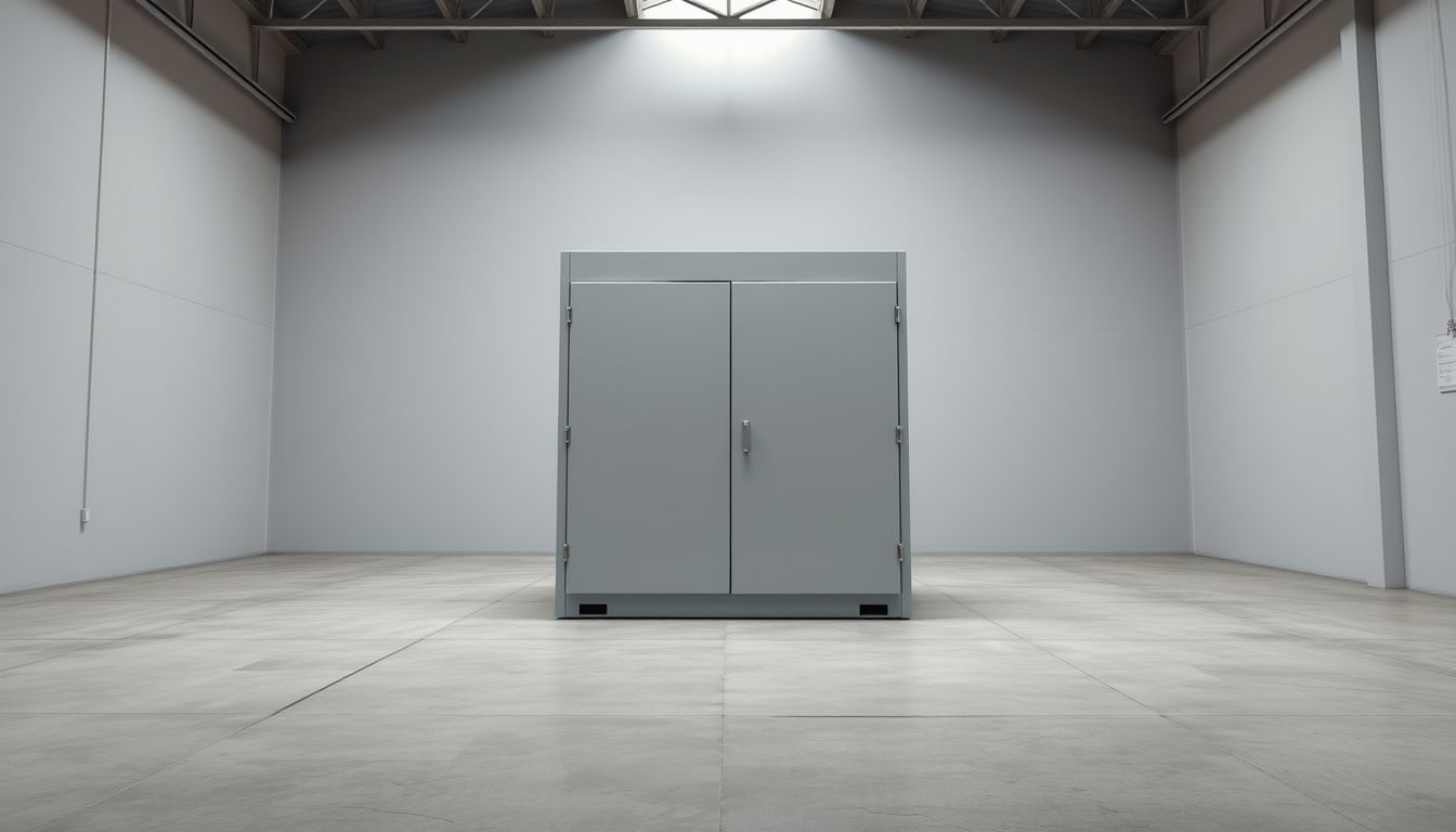 Geschlossener Sicherheitsschrank bzw. Ladeschrank für Lithium-Ionen-Batterien in einer sauberen Industriehalle